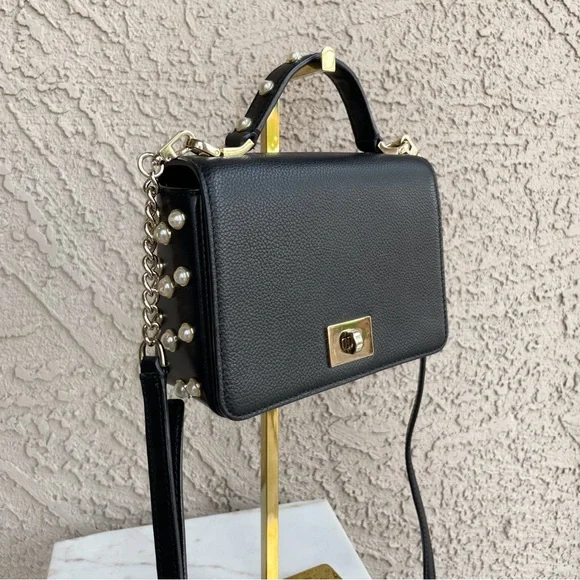 KATE SPADE Black Glitter Leather Serrano Place Pearl Mini Satchel Crossbody Bag